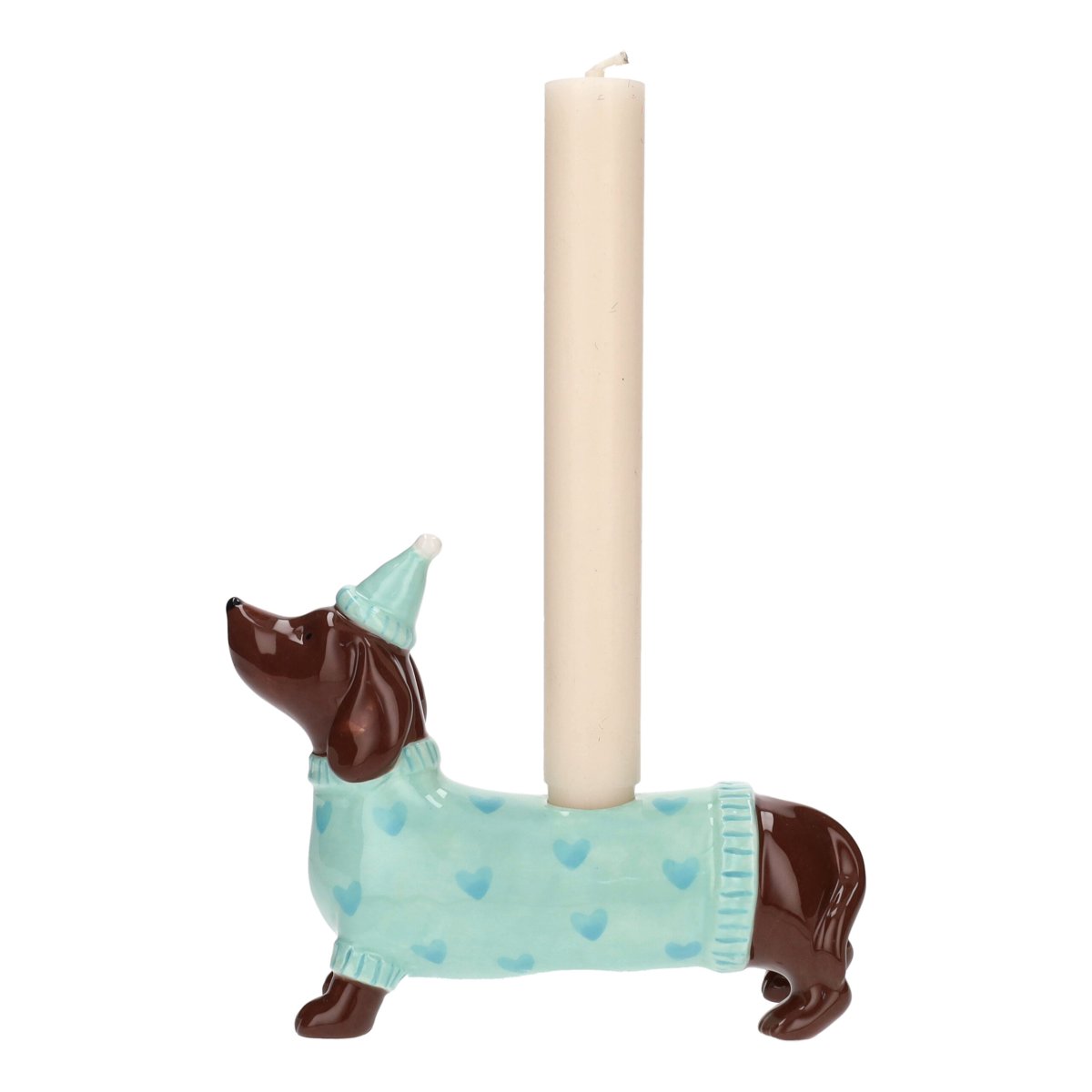 Mignon, Kerzenhalter Dackel mit Mütze, türkis